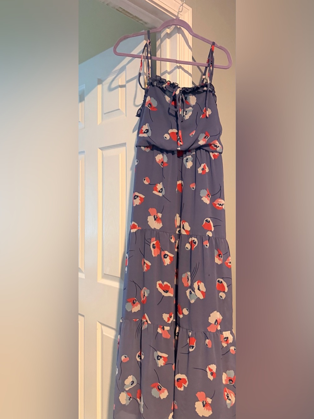 Floral Tiered Maxi dress - Slate Blue with Coral Blooms